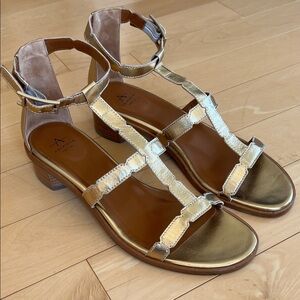 Aquatalia Metallic Gold Leather T-Strap Gladiator Sandals